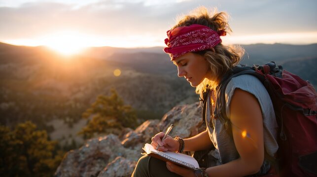 Woman writing in notebook during sunset on mountain in nature, reflecting on her journey and experiences - Powered by Adobe