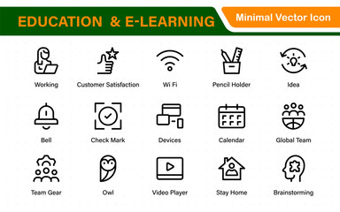 Education set of web icons in line style. Learning icons for web and mobile app. E-learning, video tutorial, knowledge, study, school, university, webinar, online education.