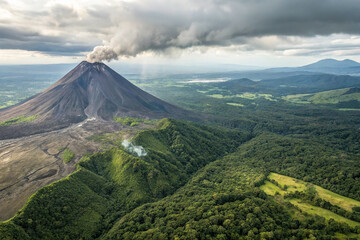 Fototapeta premium Aerial view of a volcanic landscape featuring a primeval terrain