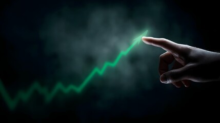 A hand pointing at a rising investment chart