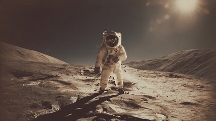 old worn vintage sepia toned polaroid photo of astronaut on surface of moon