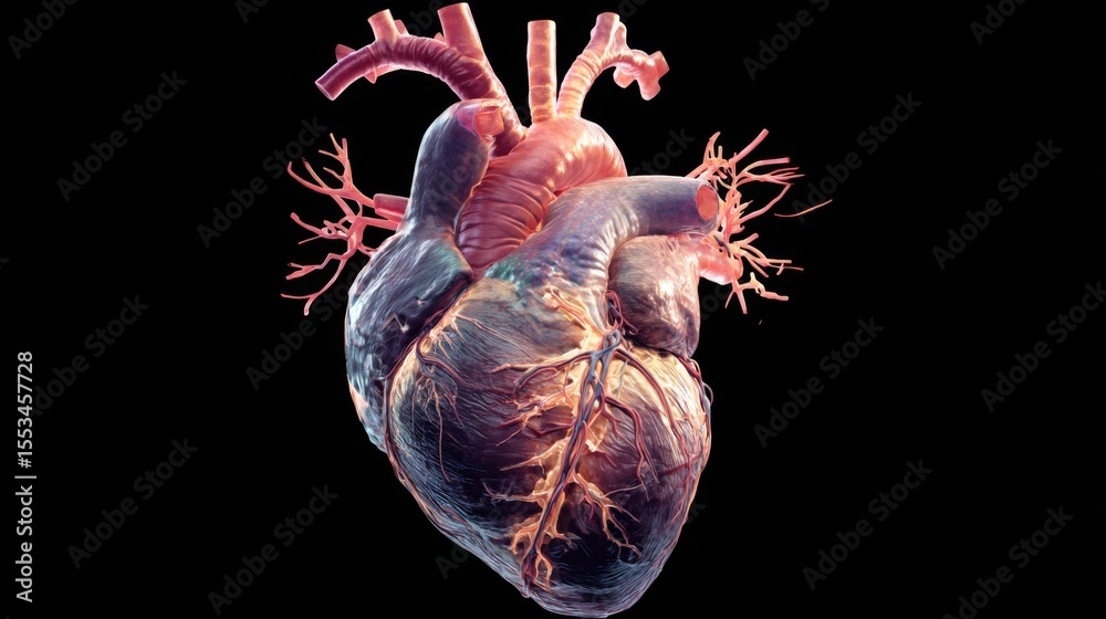 Poster A highly detailed D rendering of a human heart with visible arteries and veins, set against a dark background, emphasizing its complex structure