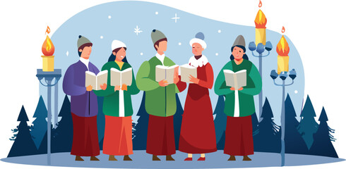 Candlelight Caroling Scene Illustration Design.