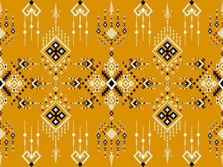 A symmetrical, geometric tribal pattern in black, white, and beige on a warm mustard yellow background.