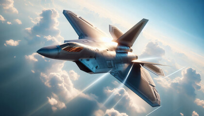 Fototapeta premium Powerful Stealth Fighter Jet Soaring Above the Clouds at Sunrise