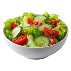 Fresh garden salad with crisp lettuce juicy tomatoes and sliced cucumbers isolated on transparent background
