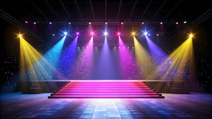 Vibrant theatrical stage radiates with colorful spotlights and a pink carpeted staircase, poised for a captivating performance or production.