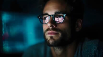 Businessman working late with investment data on laptop screen