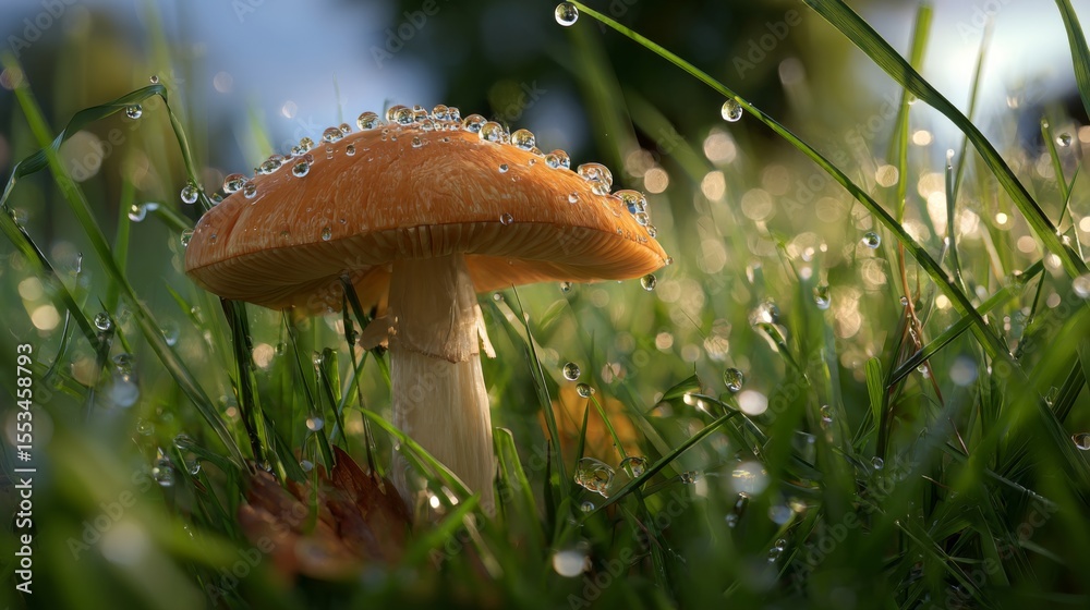Poster a low-angle view of a mushroom surrounded by dew-laden grass, with soft morning light highlighting t