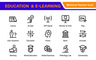 Education set of web icons in line style. Learning icons for web and mobile app. E-learning, video tutorial, knowledge, study, school, university, webinar, online education.