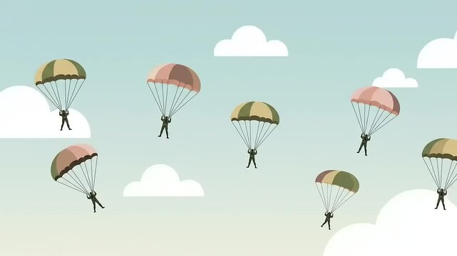 Parachutists gracefully descending from the sky against a serene backdrop of soft clouds