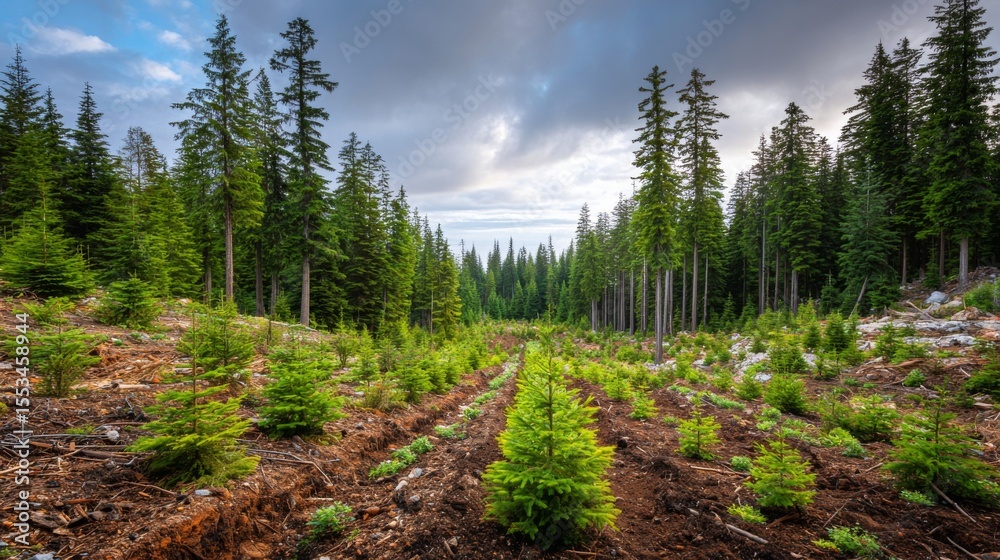 Poster a lush forest clearing with freshly planted saplings surrounded by older trees, showcasing the progr