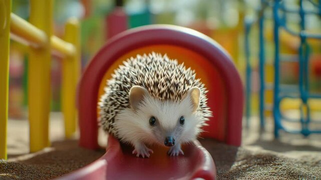 A small hedgehog on a red and yellow children's playground.