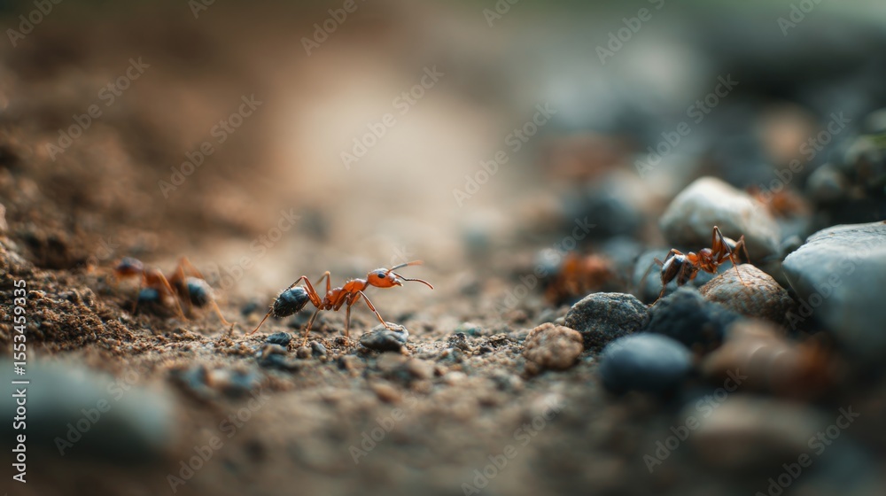 Poster a macro shot of ants on a garden path, with visible details of their legs and bodies, surrounded by 