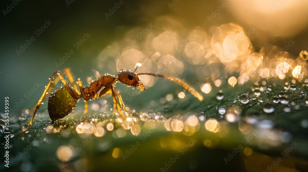 Aufkleber A macro shot of an ant biting into a leaf, with tiny droplets of dew on the leaf and sunlight creating a shimmering effect