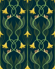 Elegant seamless pattern with snails on curved stems and yellow bell flowers. Art Nouveau inspired, perfect for luxury packaging or wallpaper.