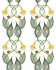 Seamless Art Nouveau pattern with snails, yellow bell flowers, and flowing green stems on white. Ideal for textiles, wallpaper, packaging, stationery, and eco-friendly branding projects.
