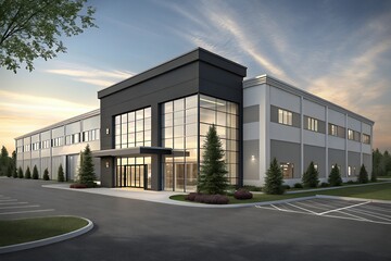 Modern industrial warehouse building with large glass windows and a dark gray facade under a cloudy sky at sunset