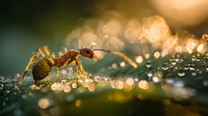 A macro shot of an ant biting into a leaf, with tiny droplets of dew on the leaf and sunlight creating a shimmering effect