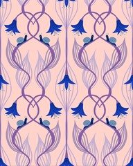 Whimsical Art Nouveau-style floral pattern featuring bellflowers and snails. Great for fabrics, digital papers, and home decor.