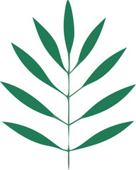 A stylized green leaf with multiple pointed leaflets emerging symmetrically from a central stem against a clean white background
