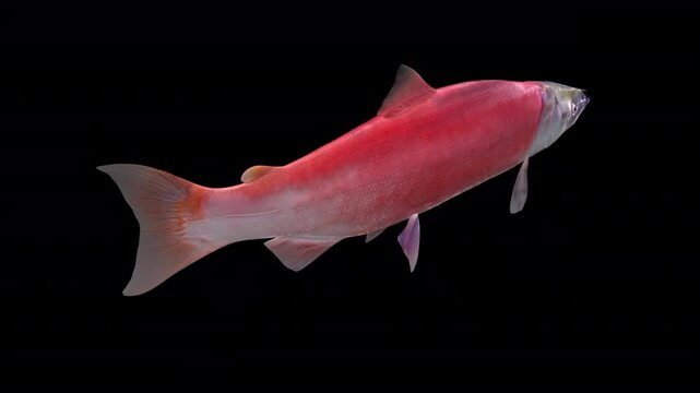 Sockeye Salmon Fish - Swim Loop - Back Side Angle Close Up View - Alpha Channel - Realistic cinematic naturalistic Full HD HD 3D animation isolated on transparent background