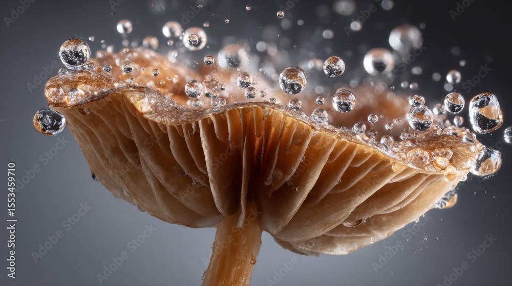 Poster a macro shot of a mushroom with clear water droplets clinging to its gills, highlighting the intrica