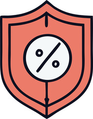 A coral shield icon with a white circle containing a black percentage sign and a dark blue outline symbolizing financial security and discounts