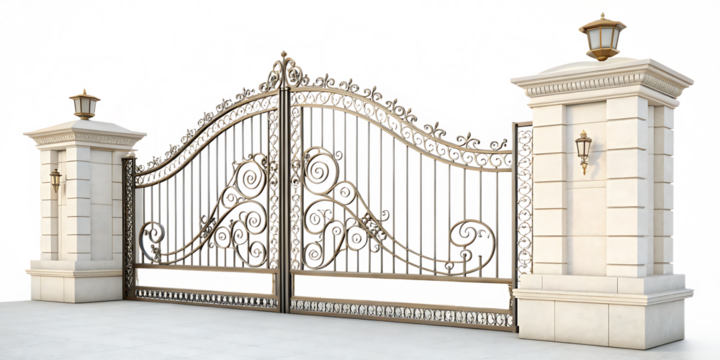 Ornate wrought iron double gate with decorative scrollwork and stone pillars isolated on a transparent background 2