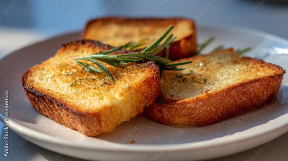 Poster a minimalist shot of perfectly toasted bread slices on a white plate, garnished with a sprig of rose