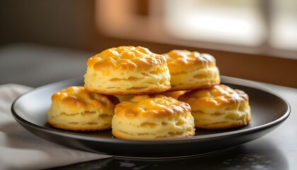 Homemade Cheddar Cheese Biscuits on a black plate