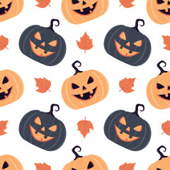 Seamless pattern with black and orange pumpkins, autumn leaves and Halloween faces. Fun pumpkin design for Halloween decor, fabric, wrapping. Pumpkins pattern in modern vector style. Pumpkin vector.