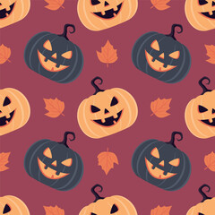 Seamless pattern with black and orange pumpkins, autumn leaves and Halloween faces. Fun pumpkin design for Halloween decor, fabric, wrapping. Pumpkins pattern vector illustration for Halloween.