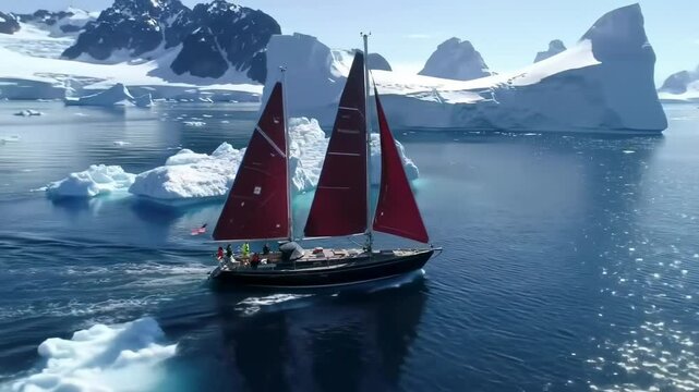 Majestic sailboat navigates icy waters amidst icebergs on a sunny day