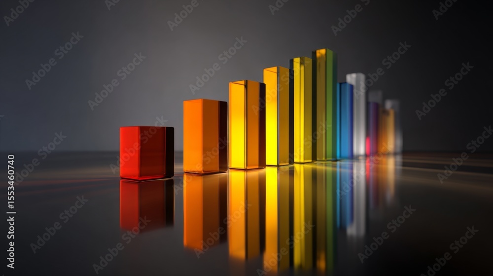 Poster A modern D bar graph in vibrant colors on a dark gradient background, with reflections and shadows enhancing its professional and sleek look