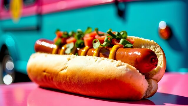 Gourmet hot dog at colorful food truck rally