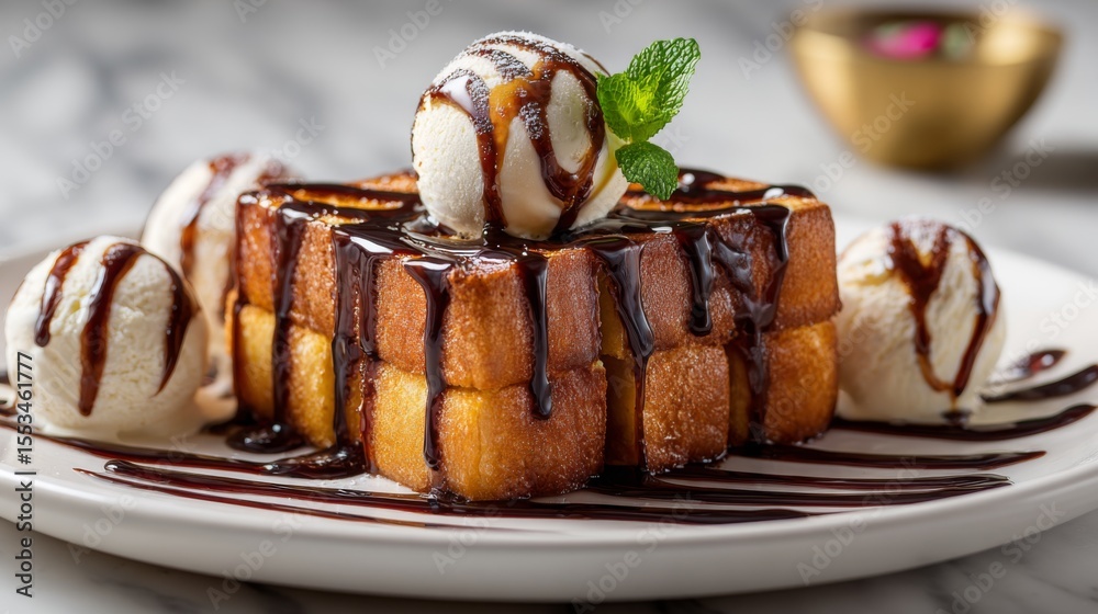 Poster a mouthwatering display of honey toast with rich chocolate drizzle, served with a side of ice cream,