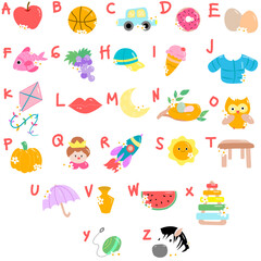 Alphabet character with colorfull things for kids learning