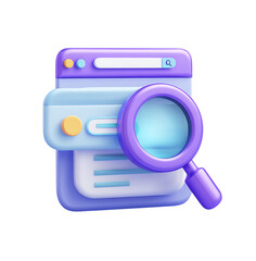 3D icon of a simple illustration in purple and blue colors on a transparent background for a website design with a search bar on the top left side of the page.