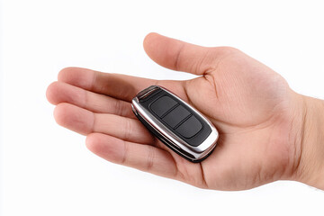 Car key fob resting on an open palm during a home setting