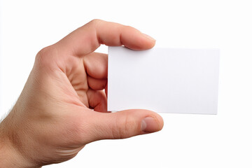 Hand holding a blank card against a white background