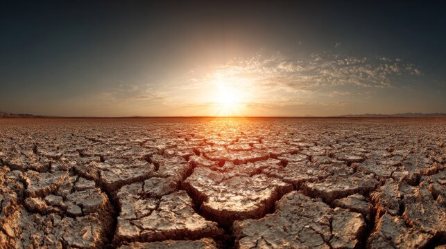 A parched, cracked earth landscape under a blazing sun, highlighting the effects of extreme drought and rising temperatures in arid regions