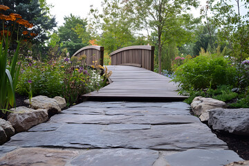 Obraz premium a wooden bridge over a stone walkway in a garden
