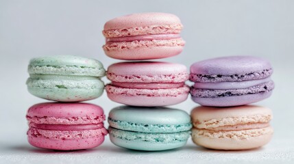 Fototapeta premium Delicate pastel-colored macarons stacked in a pyramid.