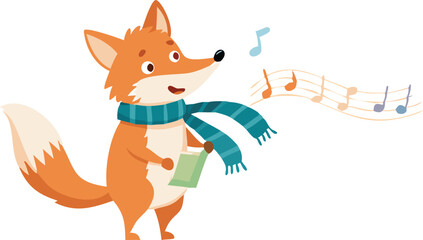 Singing Fox Wearing Scarf With Music Notes.