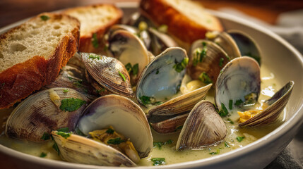 Clams served in creamy sauce with crusty bread on a rustic table