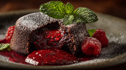 Decadent chocolate lava cake served with raspberry sauce