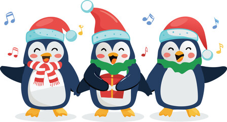 Singing Penguins in Festive Christmas Costumes.