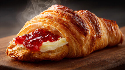 Freshly baked croissant filled with cream and jam on wooden board