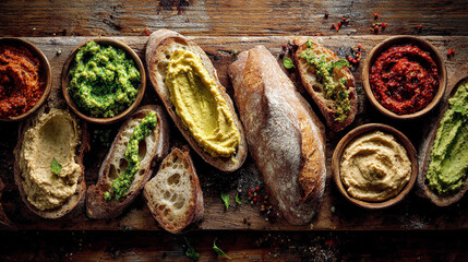Delicious spread of artisanal breads and colorful dips on wooden board